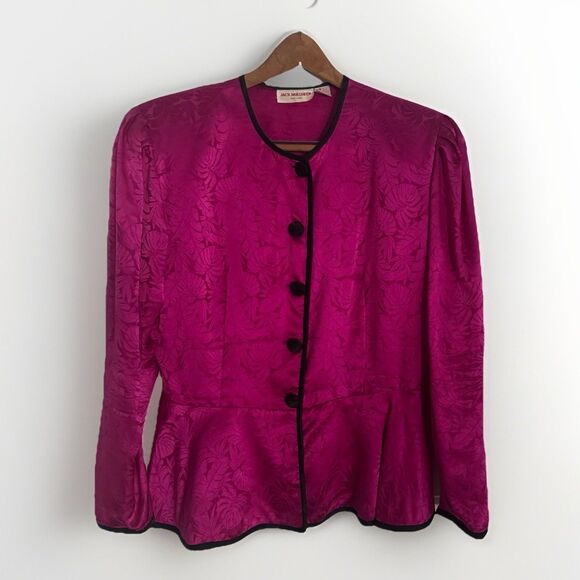 VTG Jack Mulqueen Silk Blouse Peplum Pink Print Black Button Up Womens Size 14 - Picture 1 of 12